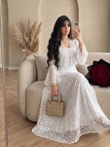 Modelyn Plus Size 2-Piece Set Cinched Waist Camisole Dress, Knit Jacquard Fabric, Casual Elegant Style, Suitable For Spring/Summer Daily Wear And Gatherings - White - View 4