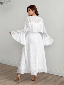 Modelyn Plus Size 2-Piece Set Cinched Waist Camisole Dress, Knit Jacquard Fabric, Casual Elegant Style, Suitable For Spring/Summer Daily Wear And Gatherings - White - View 2
