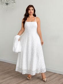 Modelyn Plus Size 2-Piece Set Cinched Waist Camisole Dress, Knit Jacquard Fabric, Casual Elegant Style, Suitable For Spring/Summer Daily Wear And Gatherings - White - View 9