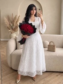 Modelyn Plus Size 2-Piece Set Cinched Waist Camisole Dress, Knit Jacquard Fabric, Casual Elegant Style, Suitable For Spring/Summer Daily Wear And Gatherings - White - View 5