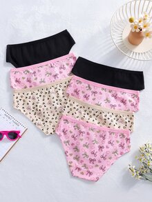 SHEIN 7件套少女简约时尚蝴蝶结、爱心、字母系列柔软舒适纯棉内裤套装 - 彩色 - 查看 3