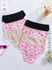 SHEIN 7件套少女简约时尚蝴蝶结、爱心、字母系列柔软舒适纯棉内裤套装 - 彩色 - 查看 2