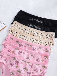 SHEIN 7件套少女简约时尚蝴蝶结、爱心、字母系列柔软舒适纯棉内裤套装 - 彩色 - 查看 6