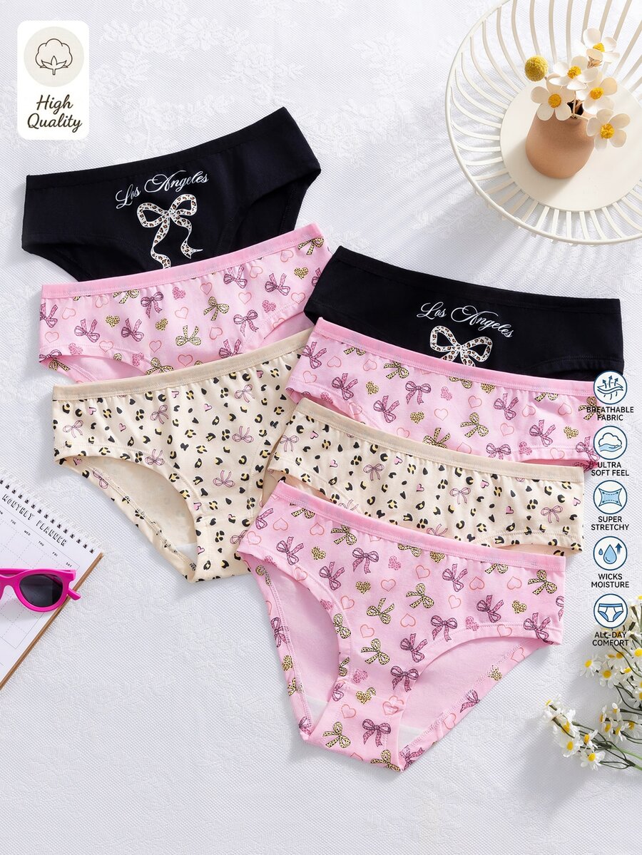 SHEIN 7件套少女简约时尚蝴蝶结、爱心、字母系列柔软舒适纯棉内裤套装 - 彩色 - 查看 1