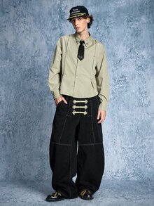 ROMWE MEN Street Life 男士時尚街頭風串珠百褶鈕扣襯衫 - 軍綠色 - 查看 6