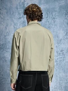 ROMWE MEN Street Life 男士時尚街頭風串珠百褶鈕扣襯衫 - 軍綠色 - 查看 3