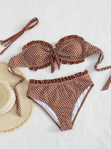 SHEIN Swim 女士波点两件式比基尼套装，甜美棕色，露背设计，经典白色波点图案搭配棕色底色，亮丽的层叠设计，时尚复古可爱，软杯无肩带，饰有蝴蝶结，高腰三角泳裤，凸显腰臀曲线，适合春夏海滩、泳池、派对等场合。 - 棕色 - 查看 8