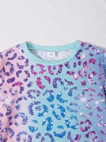 SHEIN 女童漸層亮片豹紋兩件套，秋季穿搭，秋季上衣，圓領側條紋短版長袖T恤 - 藍色 - 查看 3
