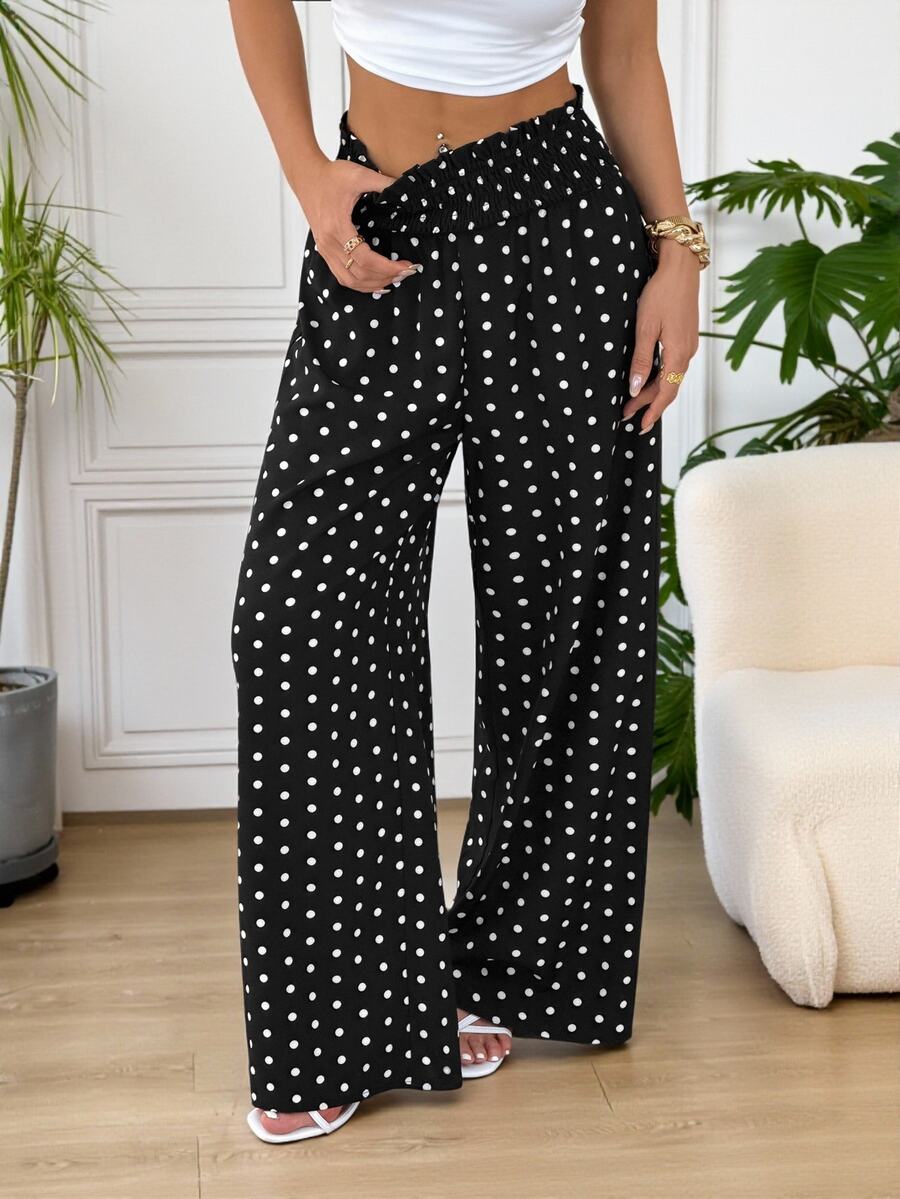 SHEIN EZwear 大尺碼女款波點印花寬腿鬆身長褲休閒長褲 - 黑與白 - 查看 1