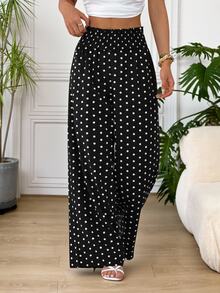SHEIN EZwear 大尺碼女款波點印花寬腿鬆身長褲休閒長褲 - 黑與白 - 查看 4