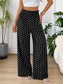 SHEIN EZwear 大尺碼女款波點印花寬腿鬆身長褲休閒長褲 - 黑與白 - 查看 6