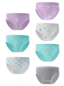 7pcs Young Girl Panties With Cartoon Stars, Polka Dots, Clouds, And Moon Prints, Comfortable Underwear Set White Winter - Multicolor - View 6