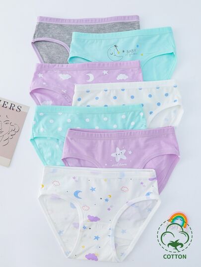 7pcs Young Girl Panties With Cartoon Stars, Polka Dots, Clouds, And Moon Prints, Comfortable Underwear Set White Winter