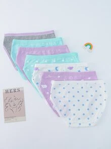 7pcs Young Girl Panties With Cartoon Stars, Polka Dots, Clouds, And Moon Prints, Comfortable Underwear Set White Winter - Multicolor - View 3