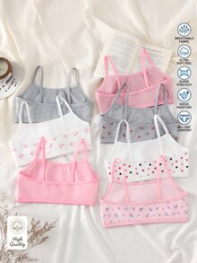 SHEIN 7件組青少年女孩訓練內衣，可愛白色冬季愛心花卉印花無鋼圈無縫柔軟彈性可調節肩帶舒適內衣 - 彩色 - 查看 3