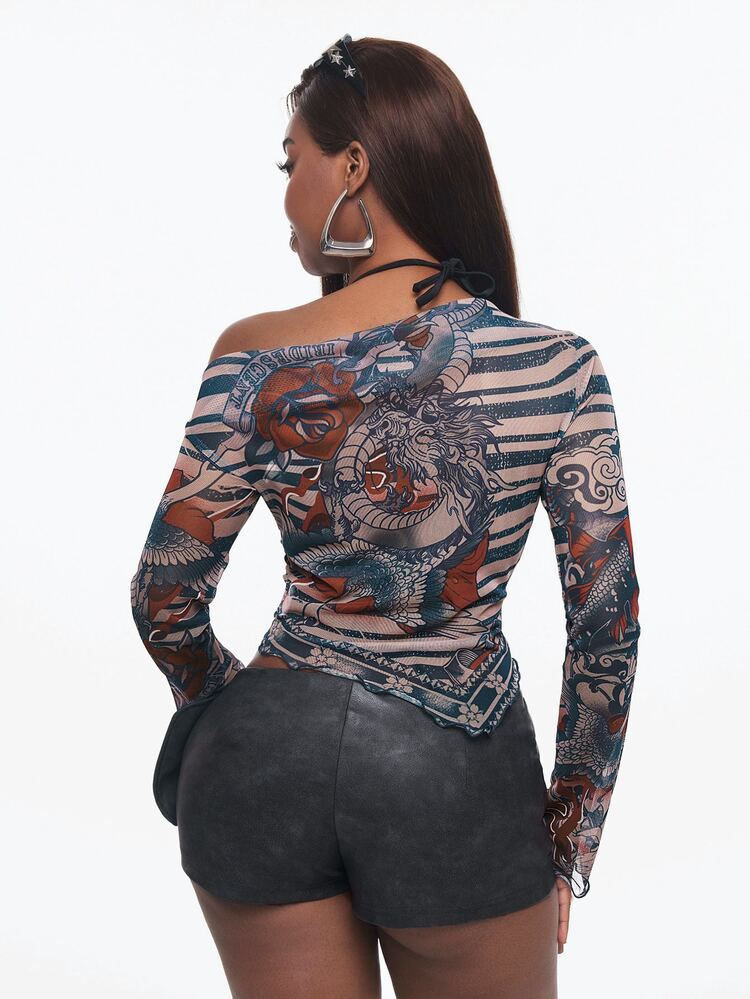 Vadaroq Women's Fall/Winter Old School Y2K Streetwear Going Out Tattoo Print Fashion Floral Cloud Stripe Print Pleated Asymmetrical Hem Top - Multicolor - View 4