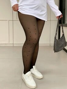 Dazy Plus 女式加大码修身波尔卡圆点透视打底裤秋季女式羊毛紧身裤 - 黑色 - 查看 2