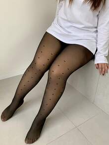 Dazy Plus 女式加大码修身波尔卡圆点透视打底裤秋季女式羊毛紧身裤 - 黑色 - 查看 7