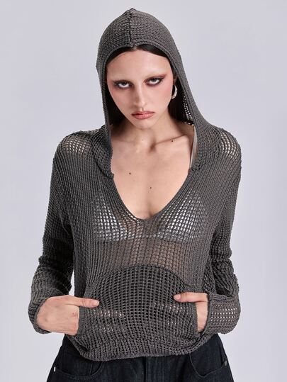 Autumn Winter Spring Punk Street Casual Y2K Hollow V-Neck Fitted Short Long Sleeve Hooded Sweater