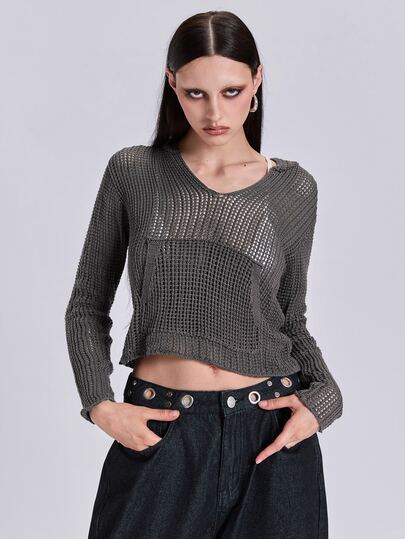 Autumn Winter Spring Punk Street Casual Y2K Hollow V-Neck Fitted Short Long Sleeve Hooded Sweater