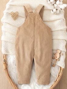 SHEIN Baby Boys Corduroy Overalls Pants Solid Color Button Strap Jumpsuit Toddler Pocket Trousers Vintage Casual One-Piece Suspender Romper Autumn - Khaki - View 3