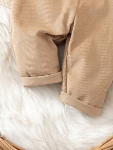 SHEIN Baby Boys Corduroy Overalls Pants Solid Color Button Strap Jumpsuit Toddler Pocket Trousers Vintage Casual One-Piece Suspender Romper Autumn - Khaki - View 7