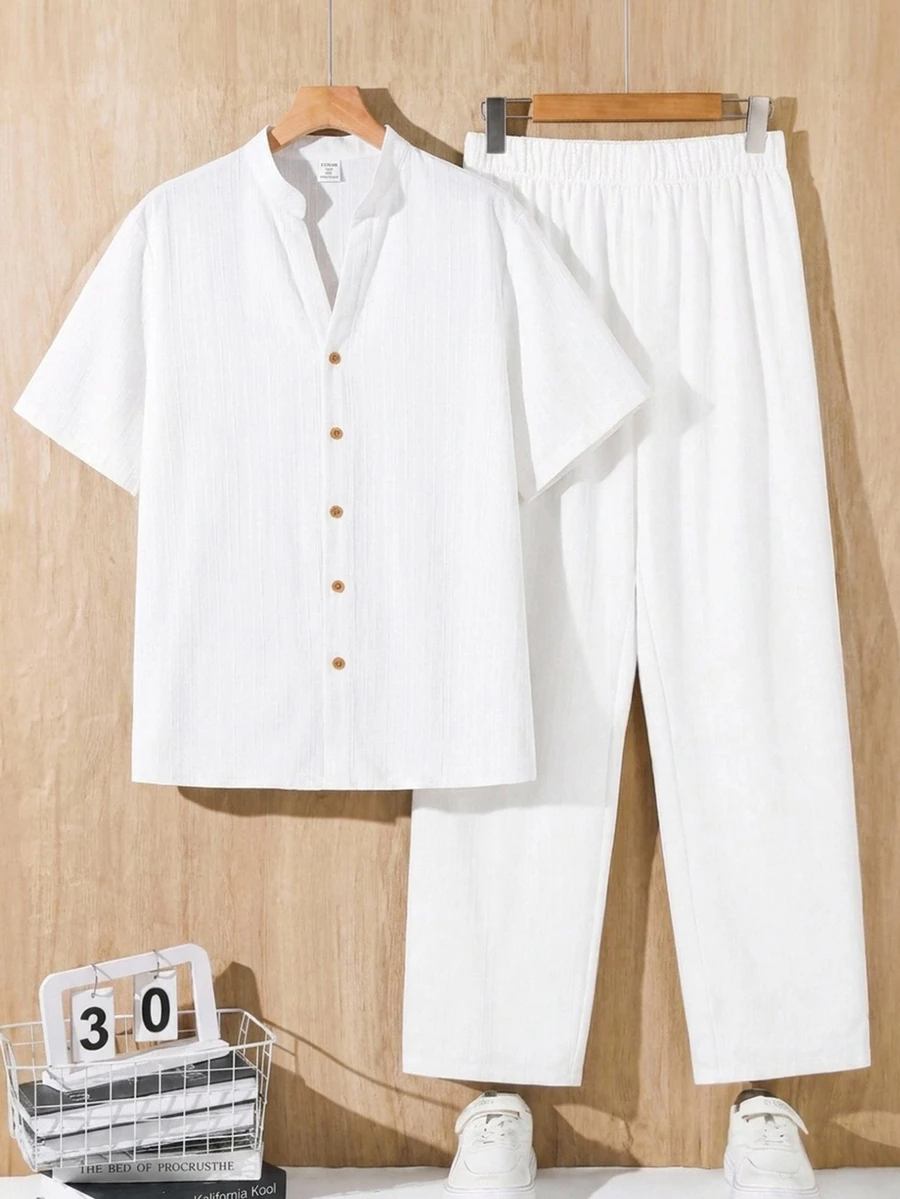 SHEIN 2pcs Teen Boys Loose Contrast Graphic Print Polo Collar Short Sleeve Knit Shirt Set, Casual - White - View 1