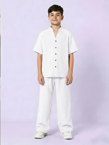 SHEIN 2pcs Teen Boys Loose Contrast Graphic Print Polo Collar Short Sleeve Knit Shirt Set, Casual - White - View 6