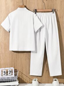 SHEIN 2pcs Teen Boys Loose Contrast Graphic Print Polo Collar Short Sleeve Knit Shirt Set, Casual - White - View 2
