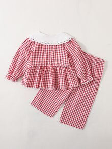 SHEIN 2件組嬰幼兒女童甜美紅白格紋刺繡蕾絲彼得潘領荷葉邊長袖上衣褲子套裝，適合上學、聖誕節，春秋冬三季穿著 - 紅白色 - 查看 3