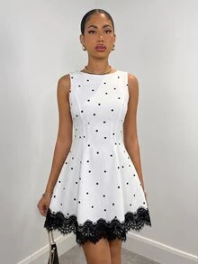 SHEIN BAE 春夏女款圓領黑白波點拼接對比蕾絲飾邊A字迷你洋裝，適合返校、生日、夜晚約會 - 黑與白 - 查看 5