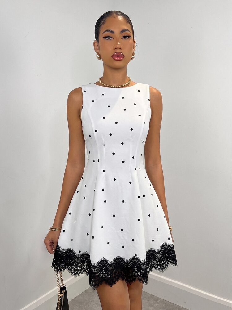 SHEIN BAE Spring/Summer Women's Round Neck Black And White Polka Dot Skirt Patchwork Contrast Lace Trim A-Line Exquisite Mini Dress, Back To School Dress, Summer Dress, Birthday Dress, Wedding Guest Dress - Black and White - View 5