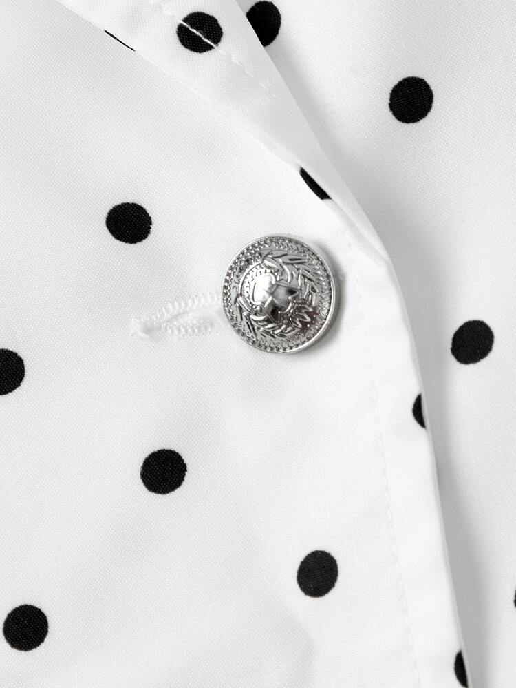 SHEIN MOD Elegant Women's White Polka Dot Double Breasted Belted Blouse With Long Sleeves Perfect For Office Wear - Black and White - View 5