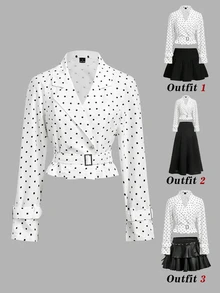 SHEIN MOD 女款波點疊層腰帶設計時尚百搭日常休閒長袖夾克 - 黑與白 - 查看 3