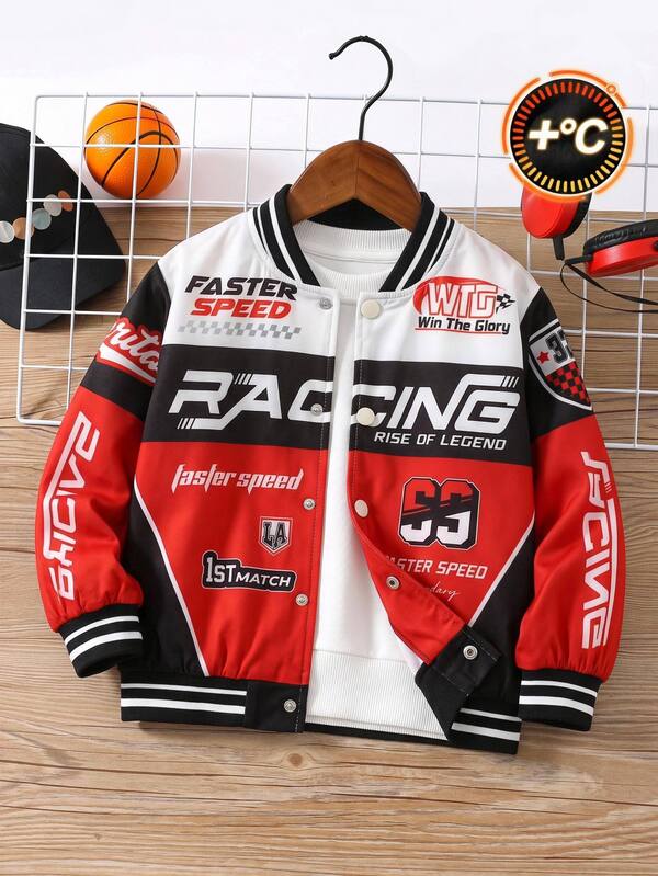 SHEIN Kids Young Boy Casual Cool Letter & Number Print Open Front Long Sleeve Mid-Weight Knit Autumn Winter Jacket
