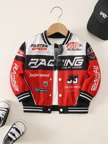 SHEIN Kids Young Boy Casual Cool Letter & Number Print Open Front Long Sleeve Mid-Weight Knit Autumn Winter Jacket - Red - View 3