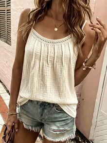 SHEIN 女款素色百褶休閒百搭日常穿搭細肩帶背心上衣 - 杏色 - 查看 6