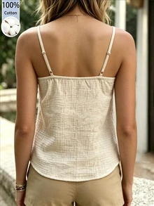 SHEIN 女款素色百褶休閒百搭日常穿搭細肩帶背心上衣 - 杏色 - 查看 3