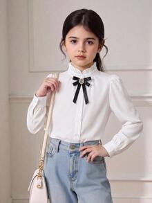 SHEIN 少女蝴蝶結裝飾休閒百搭日常穿著襯衫 - 彩色 - 查看 2