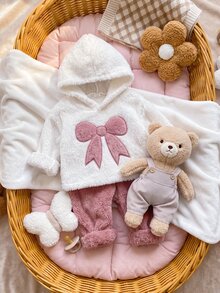 SHEIN 2件組女嬰秋冬日常穿著可愛保暖抓絨法蘭絨愛心連帽衛衣與長褲套裝 - 彩色 - 查看 6