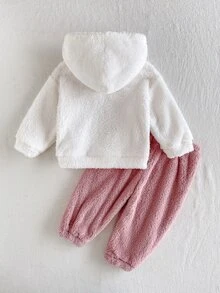 SHEIN 2件組女嬰秋冬日常穿著可愛保暖抓絨法蘭絨愛心連帽衛衣與長褲套裝 - 彩色 - 查看 3
