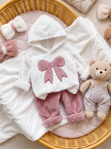 SHEIN 2件組女嬰秋冬日常穿著可愛保暖抓絨法蘭絨愛心連帽衛衣與長褲套裝 - 彩色 - 查看 7