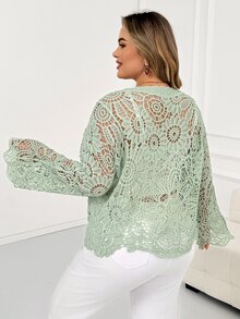 SHEIN CURVE+ 大尺碼女款度假長袖單排扣刺繡蕾絲開襟衫，春夏彩色薄款，冬季穿搭 - 綠色 - 查看 2