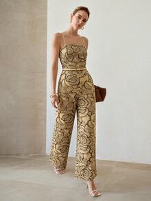 MOTF PREMIUM SUMMER ARTISTIC ROSE TEXTURE CAMISOLE JUMPSUIT, ELEGANT WAIST-CINCHING SLIMMING HIGH-END DESIGN FOR WOMEN - Khaki - View 1