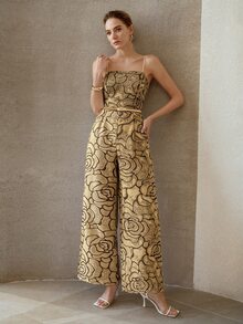 MOTF PREMIUM SUMMER ARTISTIC ROSE TEXTURE CAMISOLE JUMPSUIT, ELEGANT WAIST-CINCHING SLIMMING HIGH-END DESIGN FOR WOMEN - Khaki - View 5