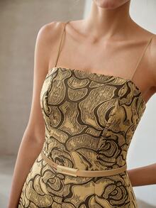 MOTF PREMIUM SUMMER ARTISTIC ROSE TEXTURE CAMISOLE JUMPSUIT, ELEGANT WAIST-CINCHING SLIMMING HIGH-END DESIGN FOR WOMEN - Khaki - View 6