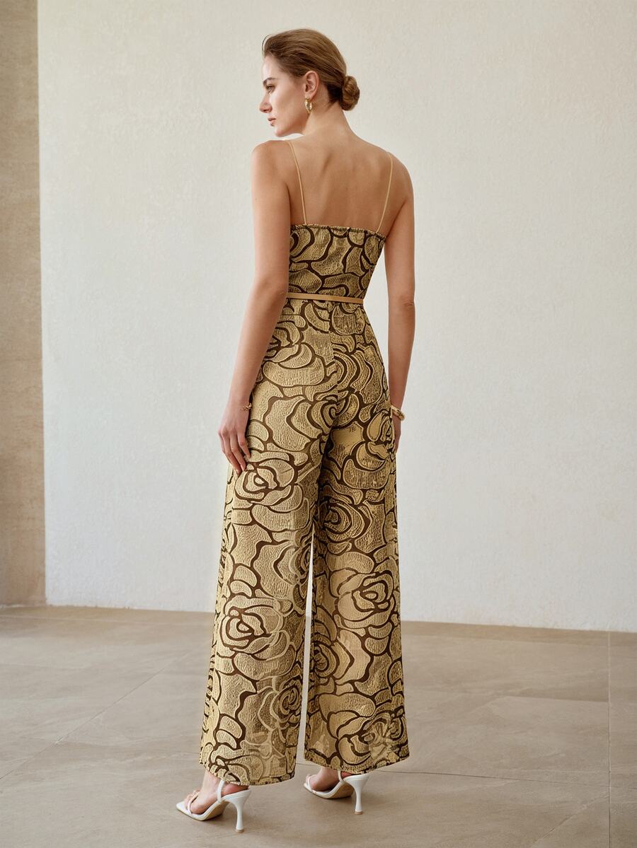 MOTF PREMIUM SUMMER ARTISTIC ROSE TEXTURE CAMISOLE JUMPSUIT, ELEGANT WAIST-CINCHING SLIMMING HIGH-END DESIGN FOR WOMEN - Khaki - View 2