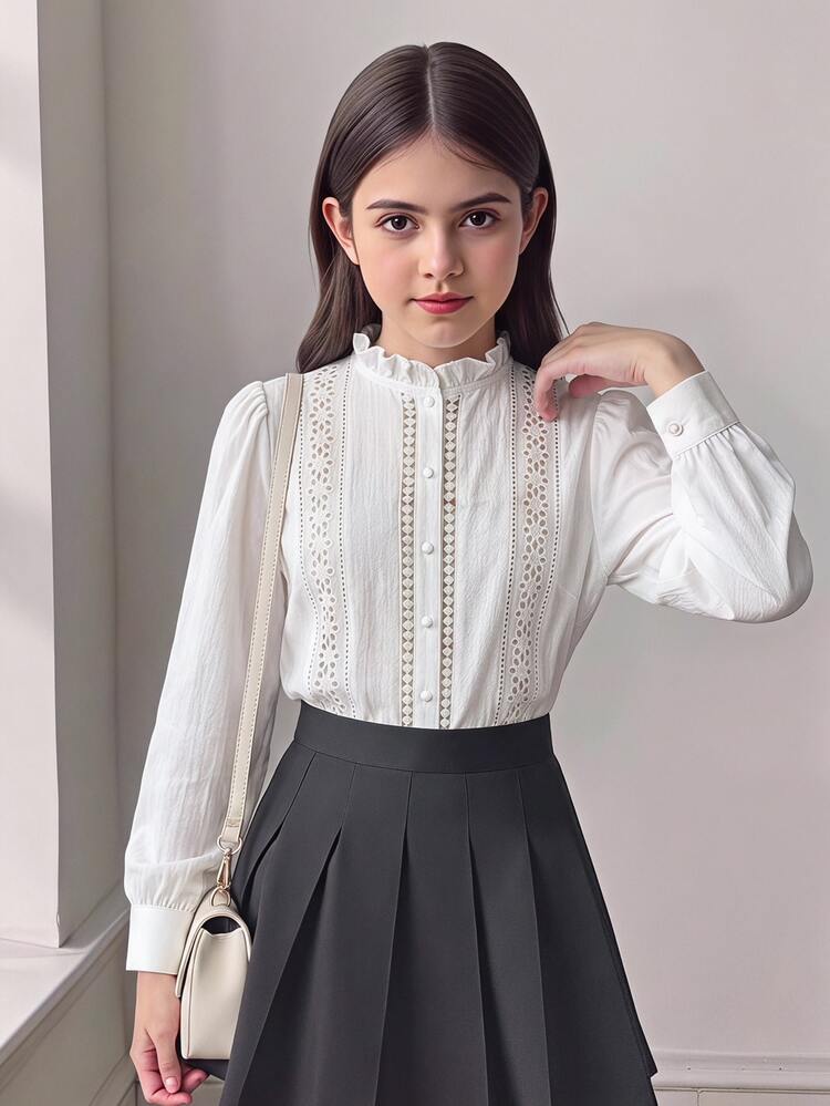 SHEIN 青少年女孩休閒純棉白色襯衫，刺繡裝飾、荷葉邊、單排扣，純白色優雅鏤空襯衫，春季風格 - 白色 - 查看 1