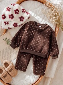 SHEIN 女嬰舒適圓領提花長袖T恤與長褲套裝 - 白色 - 查看 3