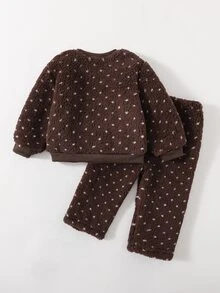 SHEIN 女嬰舒適圓領提花長袖T恤與長褲套裝 - 白色 - 查看 2